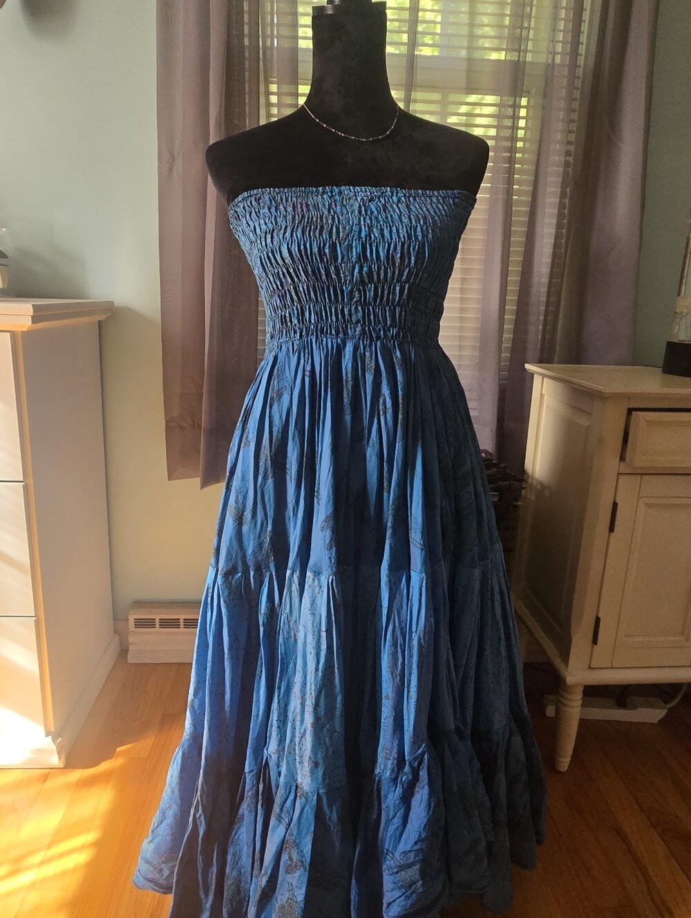 Strapless Blue Smocked Maxi Dress